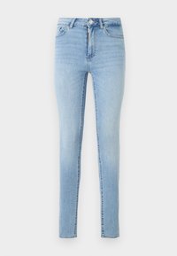 Lyseblå denim skinny jeans har en frontlukkning med knapp og glidelås, fem lommer og en lett falmet finish for tekstur.