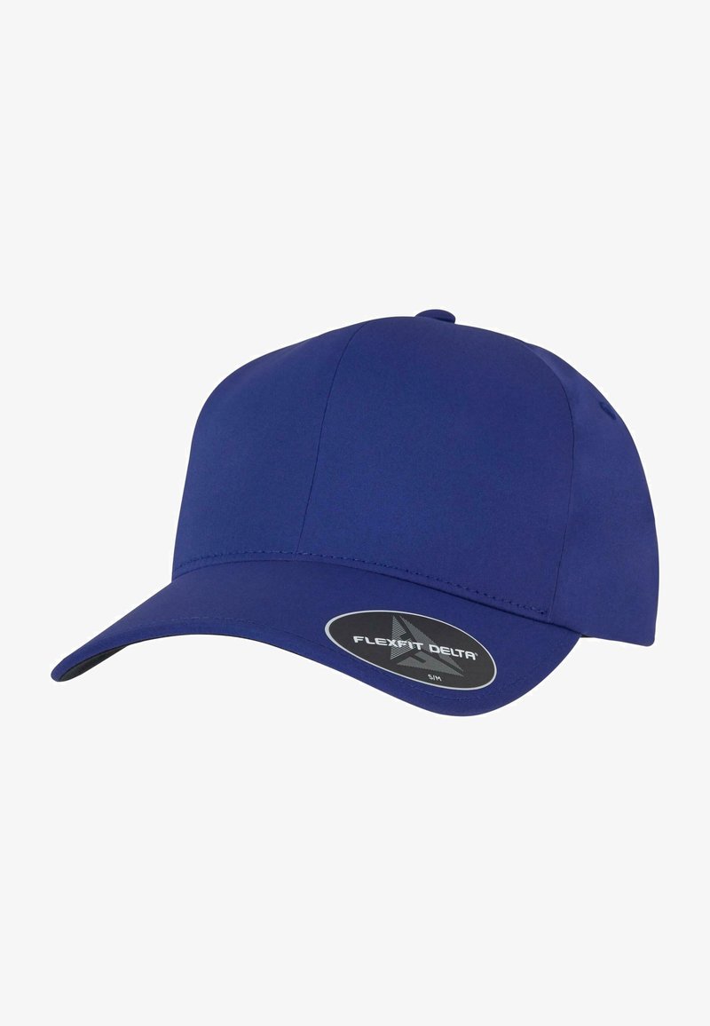 Blue baseball cap made of flexible fabric. Features a rounded crown, curved visor, and logo patch on the front. Seamless design for comfort.