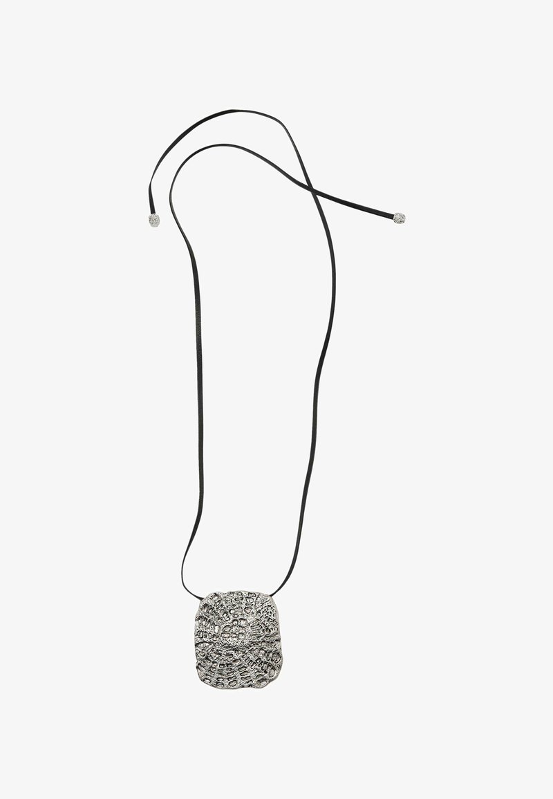 Pendant necklace featuring a textured, metallic silver square pendant on a black cord. Notable details include intricate patterns and a smooth finish.