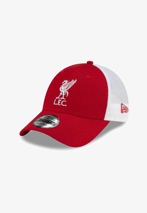 Rot-weiße Baseballkappe aus Mesh mit Liverpool FC-Logo und verstellbarem Riemen, mit New Era-Branding an der Seite.