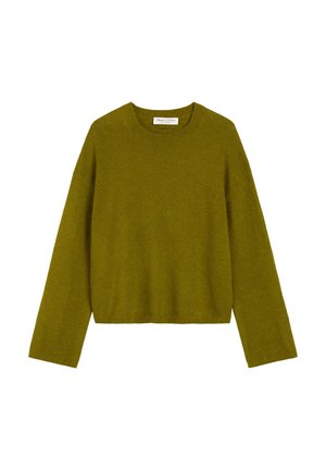 Olivenfarget genser med lange ermer, rund hals og cropped passform. Laget av mykt, teksturert materiale; enkel design uten pynt.