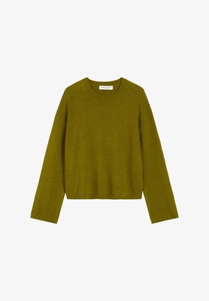 Suéter verde-azeitona de mangas longas com um decote redondo e um corte curto. Feito de material suave e texturizado; design simples sem adornos.