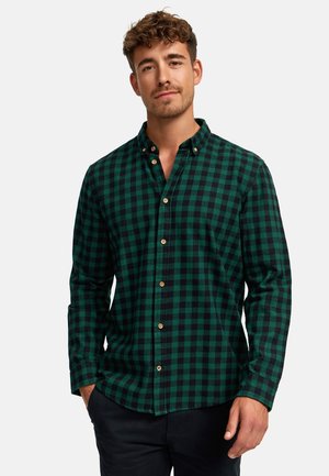 Grøn- og sortternet flannel skjorte med knap-down krave, der har træknapper og lange ærmer. Glat stoftekstur.