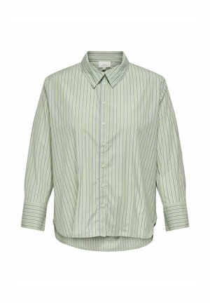 Lichtgroen overhemd met knopen, voorzien van verticale dunne zwarte en witte strepen, lange mouwen en een puntkraag.