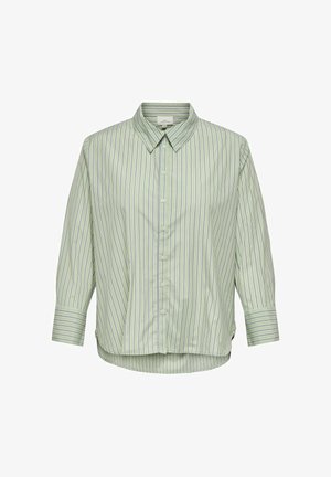 Světle zelená košile na knoflíky s vertikálními tenkými černými a bílými pruhy, dlouhými rukávy a špičatým límcem.