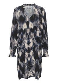 Šaty s dlouhým rukávem v černém, bílém a modrém abstraktním vzoru. Mají výstřih do V, nařasený výstřih a volánkové manžety. Měkká textilie.