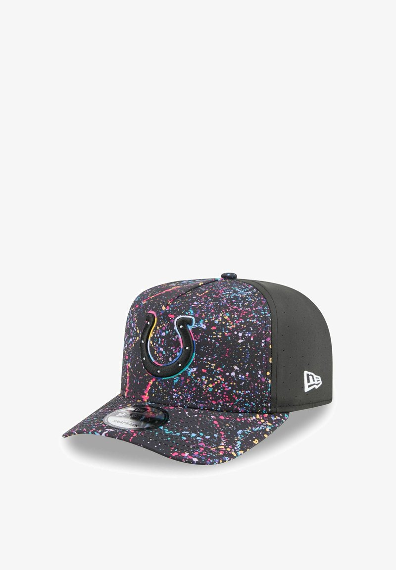 Black cap featuring a colorful splatter pattern with shades of blue, pink, and yellow. It has an embroidered logo on the front and a flat brim.