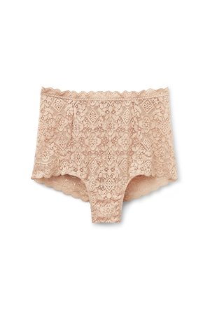 Beige kanten damesondergoed met bloemig en geometrisch patroon, geschulpte randen en een mid-rise pasvorm.