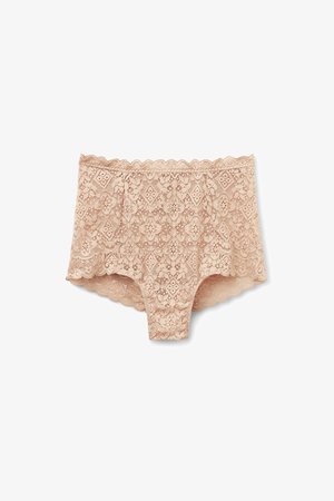 Beige lace women's underwear with floral and geometric pattern, scalloped edges, and mid-rise cut.