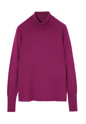 Magenta turtleneck sweater with a ribbed neckline, raglan sleeves, and a soft texture, featuring a relaxed fit and no visible patterns.