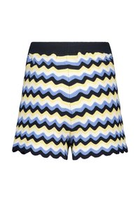 Neulotut shortsit, joissa on aaltoileva kuvio sinisessä, keltaisessa ja mustassa. Napoissa on aaltoileva reuna. Pehmeä texture ja joustava vyötärö.