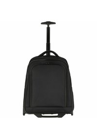 Black wheeled suitcase with textured fabric, retractable handle, and zippered compartments. Features a sturdy base and minimalistic design.