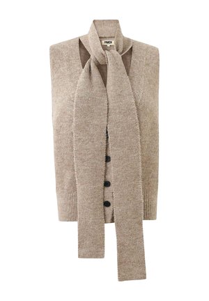 Beige mouwloze gebreide vest met knopen aan de voorkant en een brede, vastgemaakte sjaal die om de nek is gestrikt.