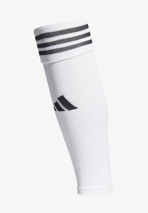 Weiße Sportarmschlinge aus elastischem Material, mit schwarzen Streifen am oberen Rand und einem schwarzen Logo-Design mit drei Streifen.