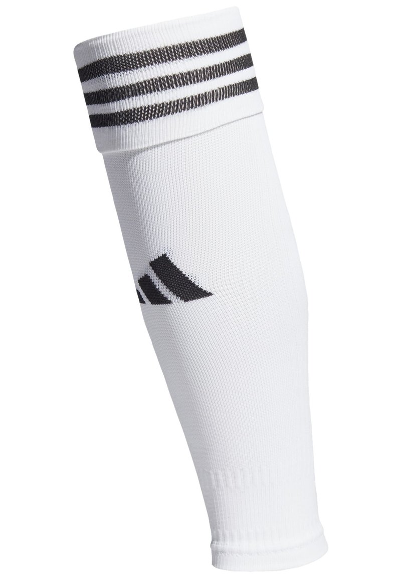 Bílý sportovní rukáv vyrobený z elastického materiálu, s černými pruhy na vrchu a černým designem loga se třemi pruhy.