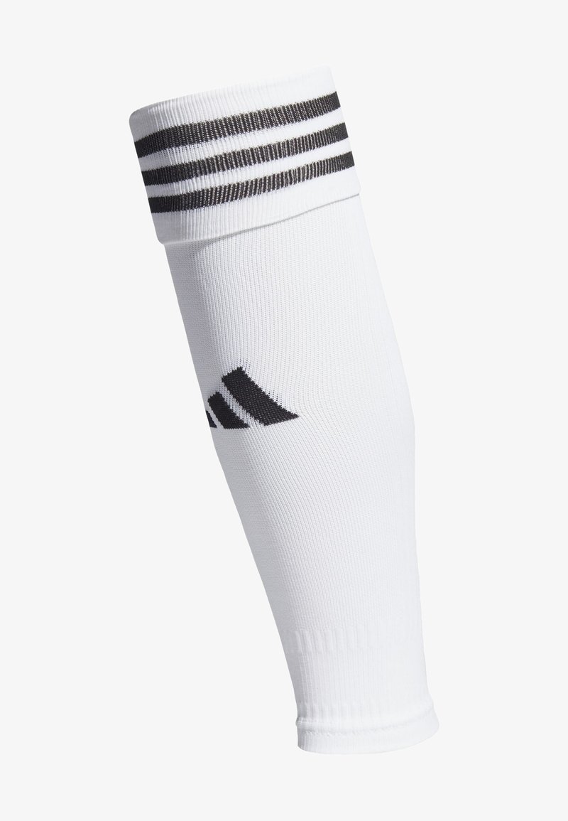 Manga deportiva blanca hecha de material elástico, con rayas negras en la parte superior y un diseño de logotipo de tres rayas en negro.