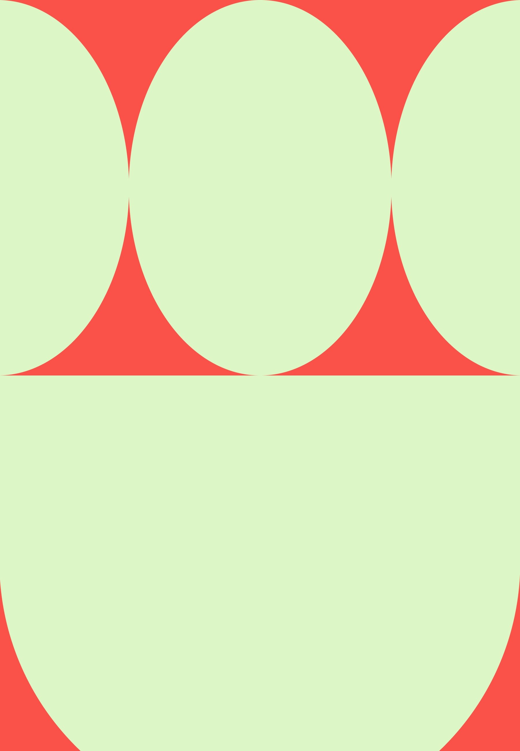 Gráfico geométrico que presenta dos grandes óvalos de color verde claro sobre un fondo rojo coral, creando un patrón en capas con curvas suaves.