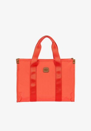 Sac fourre-tout rectangulaire orange vif avec deux grandes poignées larges et un petit patch logo marron cousu centré à l'avant.