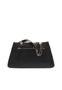 Borsa a tracolla nera trapuntata con motivo a zigzag, manici doppi, dettaglio a catena e chiusura superiore a zip. Presenta finiture metalliche e una forma strutturata.