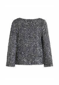 Grijze langemouwen top bedekt met pailletten, met een brede halslijn en een gestructureerde oppervlakte. De pailletten weerkaatsen het licht, wat een sprankelend effect creëert.