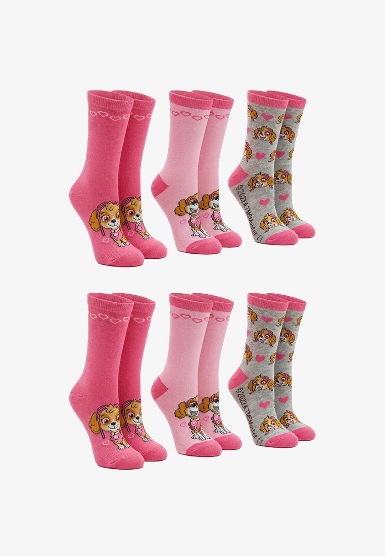 Trzy pary dziecięcych skarpet w kolorze różowym i szarym z nadrukiem kreskówkowego psa z serduszkami, ułożone w dwóch rzędach na białym tle.