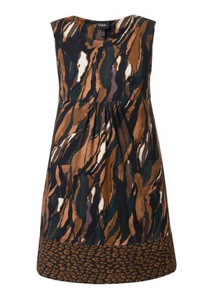 Sleeveless A-line dress with abstract black, brown, and white brushstroke pattern and leopard print hem, featuring two front patch pockets.