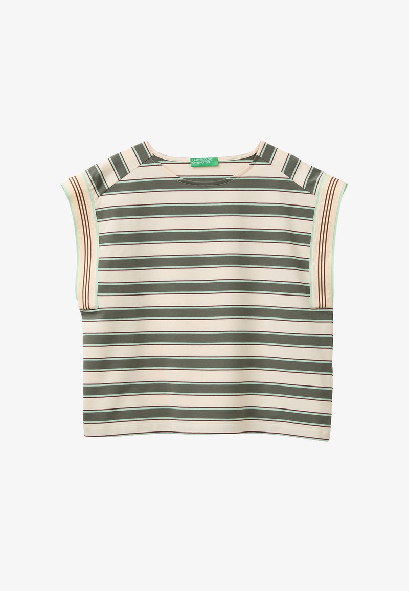 Top met korte mouwen met horizontale olijfgroene en beige strepen, crème en bruin gestreepte mouwranden en een ronde halslijn.
