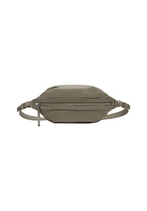 Olivgrüner Leder-Bauchtasche mit glatter Textur, ovaler Form, verstellbarem Tragegurt und einer vorderen Reißverschlusstasche mit silbernem Hardware.