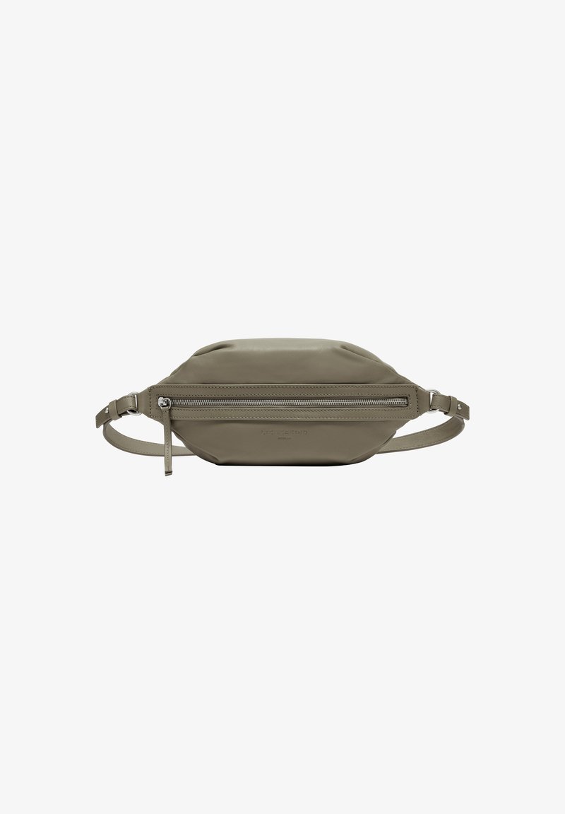 Olivgrüner Leder-Bauchtasche mit glatter Textur, ovaler Form, verstellbarem Tragegurt und einer vorderen Reißverschlusstasche mit silbernem Hardware.