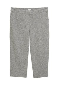 Pantalones grises de patrón de pata de gallo con una textura suave, una cinturilla elástica y un corte cropped. La tela parece suave y elástica.