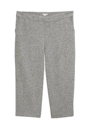 Pantalones grises de patrón de pata de gallo con una textura suave, una cinturilla elástica y un corte cropped. La tela parece suave y elástica.