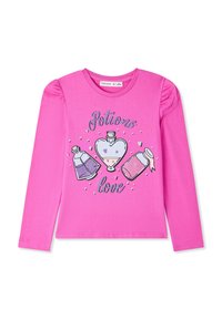 Camicia rosa di cotone a maniche lunghe con una grafica luccicante "Amore delle Pozioni" che presenta bottiglie di pozioni e cuori di vari colori.