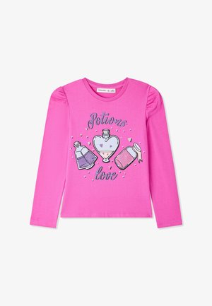 Camicia rosa di cotone a maniche lunghe con una grafica luccicante "Amore delle Pozioni" che presenta bottiglie di pozioni e cuori di vari colori.