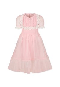 Roze jurk met korte pofmouwen, kantafwerking en knoopdetails aan de lijf. De rok heeft gelaagd tule voor volume.