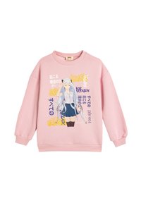 Roze sweatshirt met lange mouwen en een geribbelde zoom. De afbeelding aan de voorkant toont een personage met grijs haar en kleurrijke tekstontwerpen.