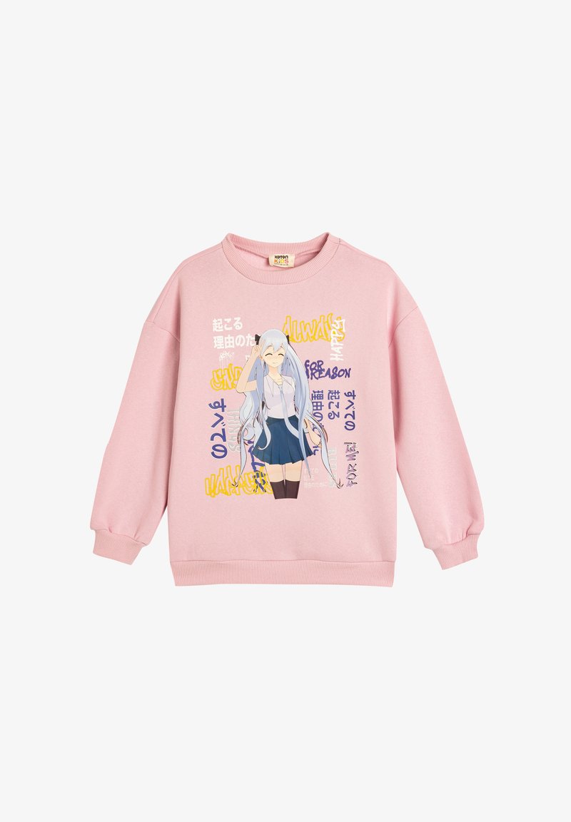 Rosa sweatshirt med långa ärmar och ribbad nederkant. Grafiken på framsidan visar en karaktär med grått hår och färgglada textdesigner.