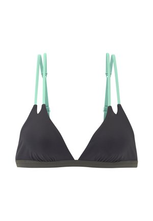 Haut de bikini triangle noir avec double bretelles fines ajustables vert menthe et bande élastique gris foncé à la base.