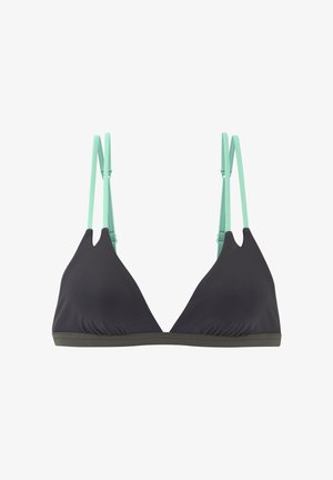 Mustast kolmnurga kujuga bikiinitop, millel on topeltsed õhukesed erkrohelised reguleeritavad õlapaelad ja tumedat halli värvi elastne rihm allääres.