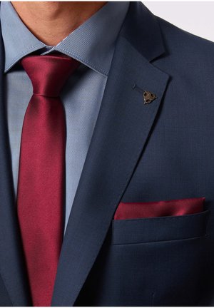 Marineblaues Sakko mit einem hellblauen Hemd, einer tiefroten Krawatte und passendem Einstecktuch. Verfügt über eine dekorative Reversnadel. Sanfte Textur im gesamten Design.