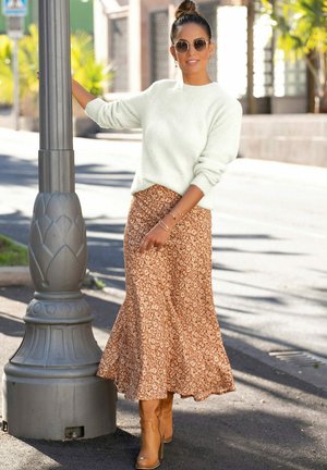 Maxi skirt - braun creme bedruckt