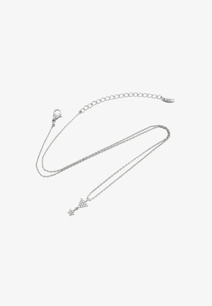 Silberne Kettenhalskette mit ineinander greifenden, dreieckigen und sternförmigen Anhängern, die mit klaren Edelsteinen verziert sind. Verstellbare Länge mit Karabinerverschluss.