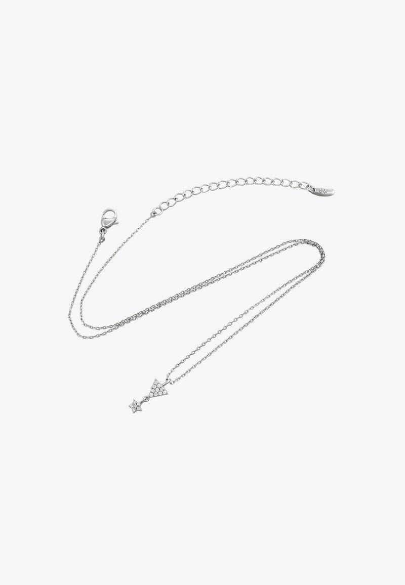 Sølv kædedykke med sammenflettede trekantede og stjerneformede vedhæng prydet med klare ædelstene. Justerbar længde med klipslås.