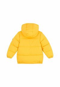 Giacca a vento gialla con cappuccio, dotata di design trapuntato, polsini elasticizzati e orlo cintratto per calore e comfort.