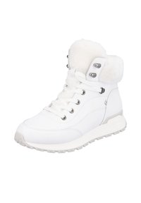 Bottes montantes blanches avec col en fausse fourrure, œillets métalliques, lacets épais et semelle en caoutchouc texturée. Surface lisse avec des détails de couture subtils.