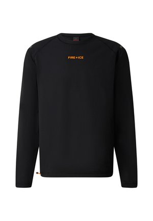 Czarna bluza z długim rękawem i okrągłym dekoltem z pomarańczowym napisem "FIRE+ICE" na środku klatki piersiowej oraz małym pomarańczowym detalem na dole.