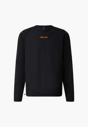 Black long-sleeve crewneck sweatshirt with "FIRE+ICE" text in orange centered on the chest, and small orange detail at the hem.