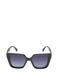 Black square sunglasses with a thick frame, gradient dark purple lenses, and textured temples. Angular design with prominent edges.