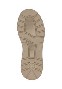 Beżowa podeszwa sportowego buta z głębokimi bieżnikami, wgłębieniami i centralnym logo. Gładka struktura, zaprojektowana dla lepszej przyczepności i trwałości.