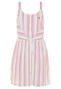 Pruhovaná letní šaty v pastelových barvách (růžová, modrá, žlutá) s ramínky typu spaghetti, knoflíkovým zapínáním vpředu a elastickým pasem pro nařasený efekt.