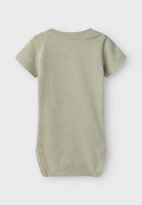 Bodysuit kratkih rukava od svijetlozelene vafel pletene tkanine. Ima okrugli izrez i bočne dugmadi za lako oblačenje.